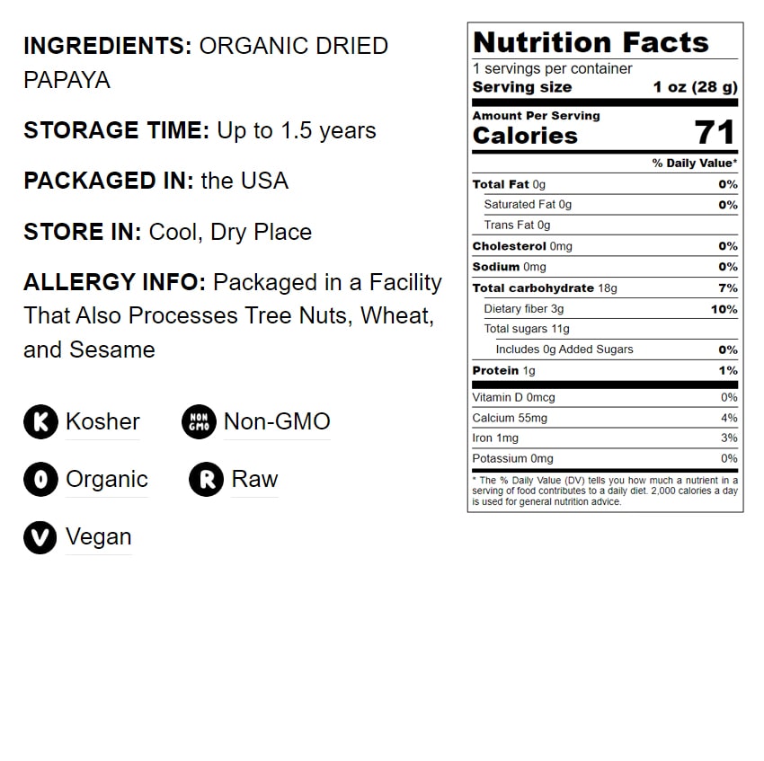 Organic Dried Papaya Spears - Non-GMO, Kosher, Unsulfured, Unsweetened, Vegan, Bulk - by Food to Live