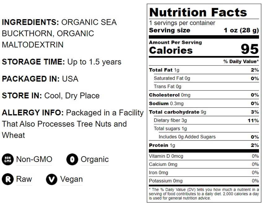 Organic Sea Buckthorn Powder - Non-GMO, Unsulfured, Raw, Dried Fruit, Vegan, Bulk, No Added Sugar, No Sulphites - by Food to Live