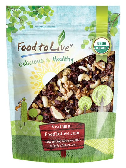 Organic Raw Super Nuts and Berries Trail Mix — Cashews,Walnuts,Brazil Nuts,Raisins,Mulberries,Golden Berries,Goji Berries - by Food to Live