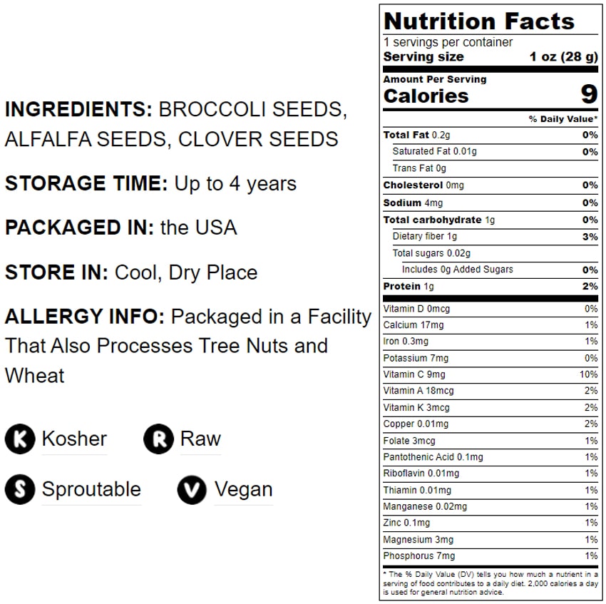 Antioxidant Mix of Sprouting Seeds - Broccoli, Clover, Alfalfa, Kosher, Raw, Vegan - by Food to Live