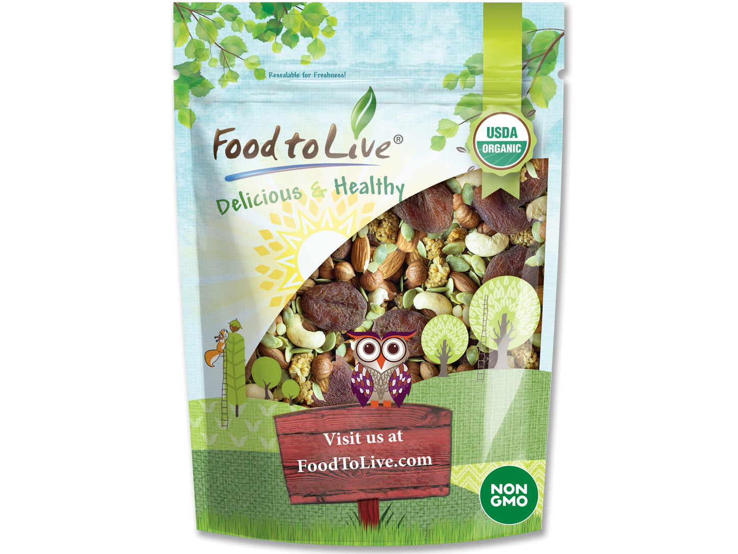 Organic 6-Forces Trail Mix — Raw and Non-GMO Snack Mix Contains Mulberries, Cashews, Pumpkin Seeds, Apricots, Hazelnuts, Almonds. Vegan Superfood, Kosher, No Added Sugar, Bulk - by Food to Live