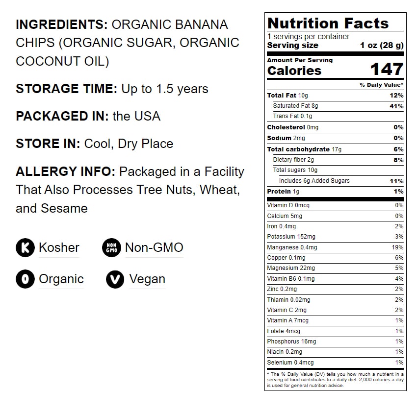 Organic Banana Chips — Sweetened, Unsulfured, Non-GMO, Kosher, Vegan, Bulk - by Food to Live