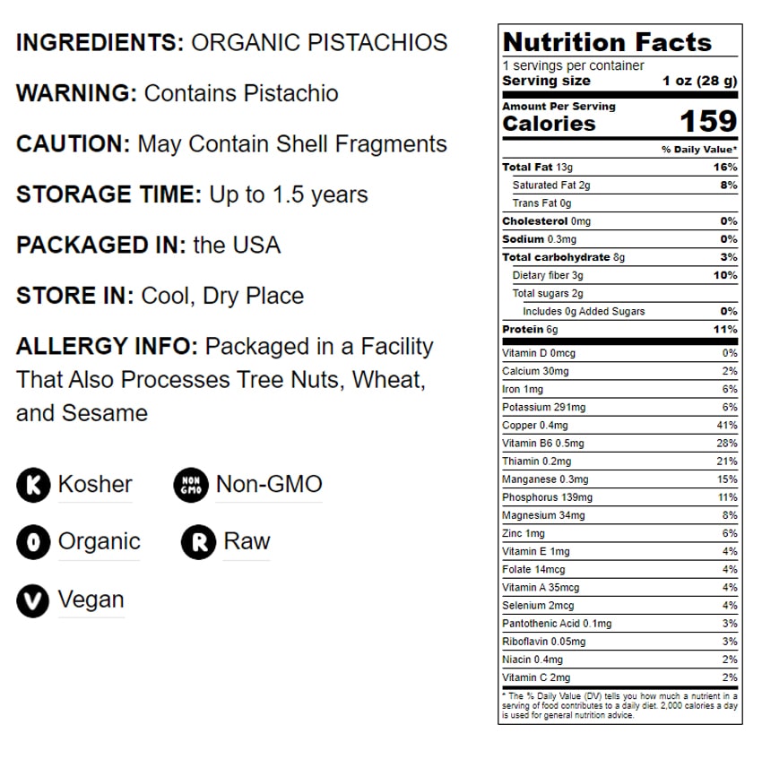 Organic Raw Pistachios - Non-GMO, Kosher, No Shell, Bulk - by Food to Live