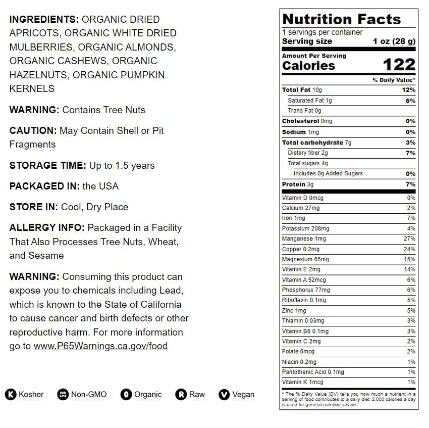 Organic 6-Forces Trail Mix — Raw and Non-GMO Snack Mix Contains Mulberries, Cashews, Pumpkin Seeds, Apricots, Hazelnuts, Almonds. Vegan Superfood, Kosher, No Added Sugar, Bulk - by Food to Live