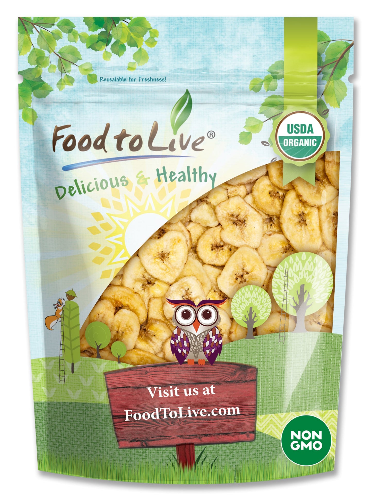 Organic Banana Chips — Sweetened, Unsulfured, Non-GMO, Kosher, Vegan, Bulk - by Food to Live