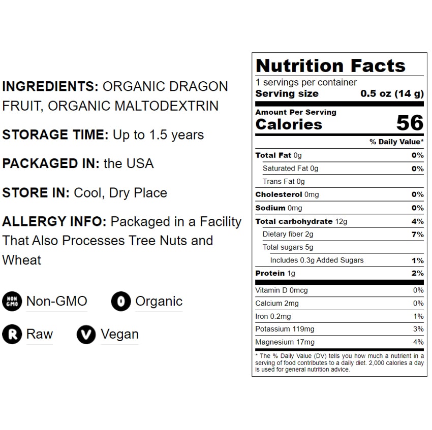 Organic Dragon Fruit Powder – Non-GMO, Powdered Red Pitaya, Vegan, Bulk. Contains Maltodextrin. Rich in Antioxidants, Fiber, Vitamin C. Perfect for Shakes, Smoothie Bowls, Desserts