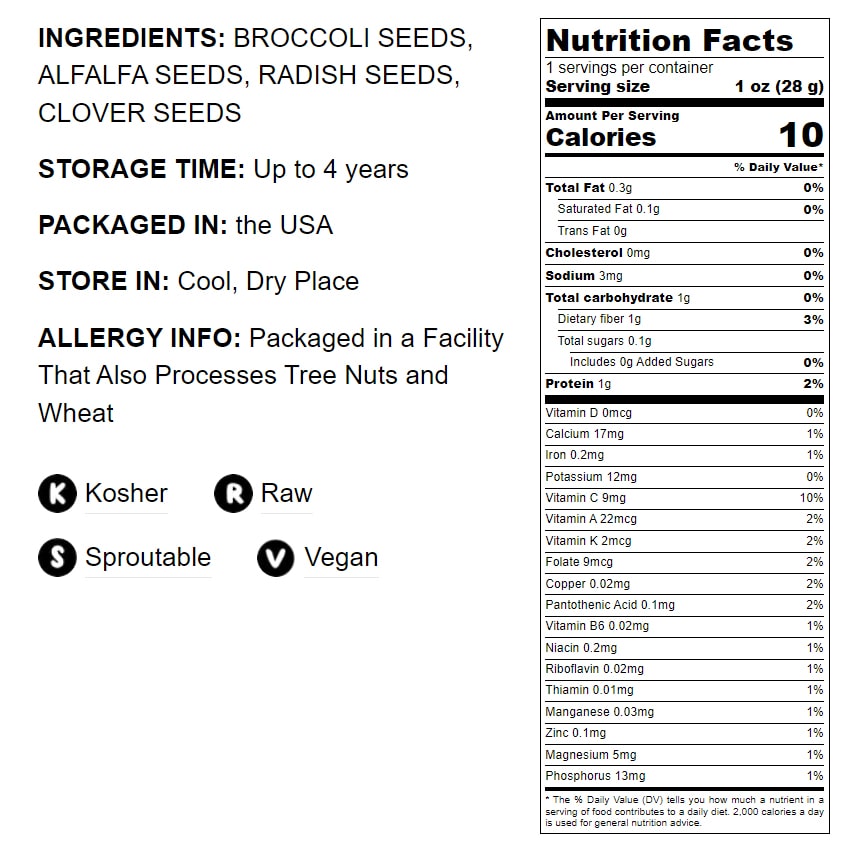 Salad Mix of Sprouting Seeds - Broccoli, Clover, Radish, Alfalfa, Kosher, Raw, Vegan - by Food to Live