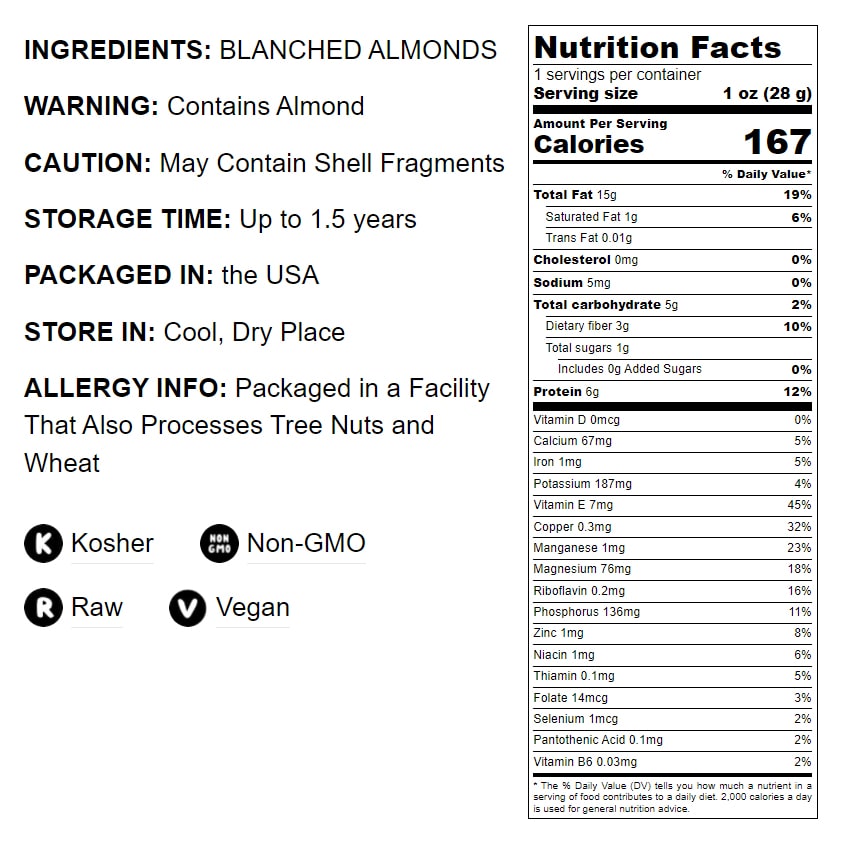 Blanched Almonds — Whole, Non-GMO Verified, Kosher, Raw, Vegan - by Food to Live