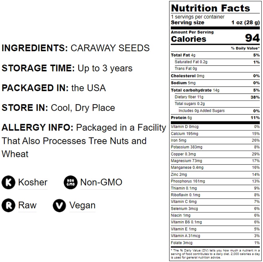 Caraway Seeds — Non-GMO Verified, Whole Raw Dried Caraway Seeds, Kosher and Vegan, Bulk Savory Spice. Rich in Dietary Fiber and Minerals. Perfect for Rye Bread, Used in Baked Goods