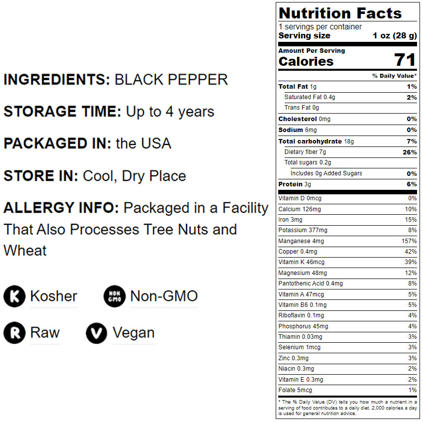 Whole Black Pepper — Non-GMO Verified, Peppercorn, Kosher, Raw - by Food to Live