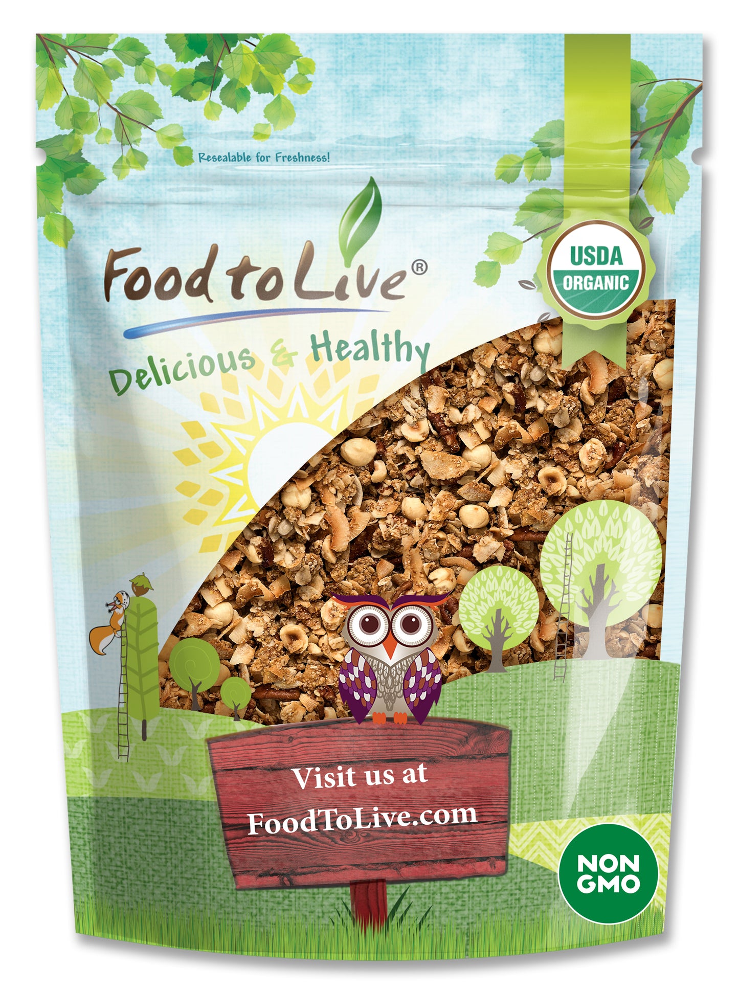 Organic Golden Crunchy Granola - Non-GMO, Kosher, Contains Hazelnuts, Pecan Nuts, Almonds, Coconut, Flax, Sunflower Seeds - by Food to Live