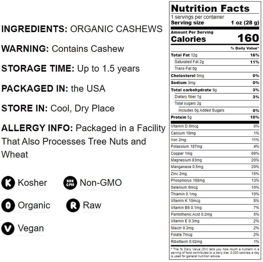 Organic Cashews - Whole, Size W-240, Unsalted, Non-GMO, Kosher, Raw, Vegan, Bulk - by Food to Live