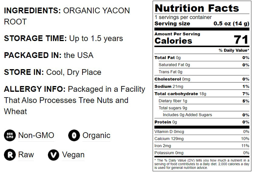 Organic Yacon Root Powder — Non-GMO, 100% Pure, Finely Ground Peruvian Tuber, Natural Low Glycemic Sweetener, Raw, Vegan, Kosher, Bulk. High in Inulin. Great for Drinks and Baking