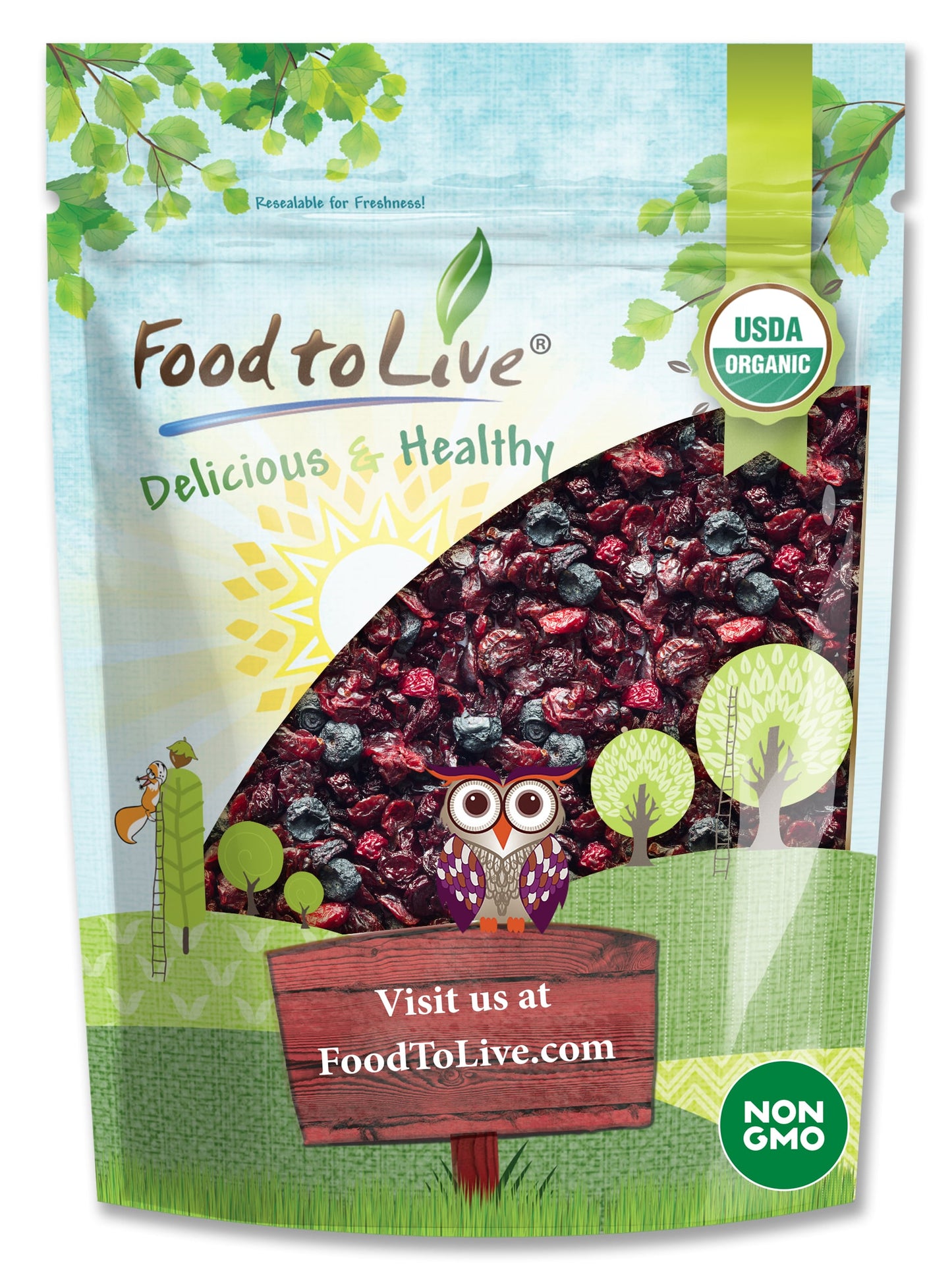 Organic Mixed Berries — Non-GMO Dried Blueberries, Cranberries, and Tart Cherries, Kosher, Lightly Sweetened, Unsulfured - by Food to Live