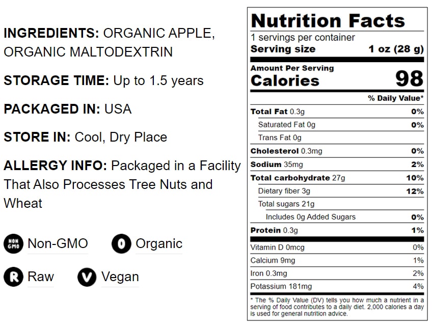 Organic Apple Powder - Non-GMO, Unsulfured, Made from Raw Dried Fruit, Vegan, Bulk, Great for Juices, Smoothies, Yogurts, and Instant Breakfast Drinks, Contains Maltodextrin, No Sulphites