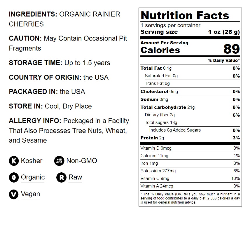 Organic Rainier Cherries - California Sun-Dried Cherries, Non-GMO, Kosher, Pitted, Unsweetened, Vegan, Raw, Bulk - by Food to Live