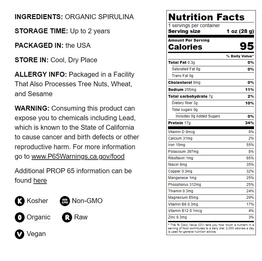 Organic Spirulina Powder — Non-GMO, Kosher, Raw Blue-Green Algae, Vegan, Bulk, Non-Irradiated, Pure Vegan Green Protein - by Food to Live