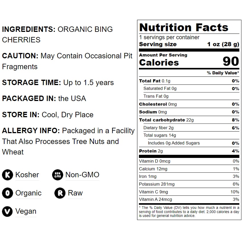 Organic Bing Cherries - California Sun-Dried Sour Cherries, Non-GMO, Kosher, Pitted, Tart, Unsweetened, Unsulfured, Vegan, Raw - by Food to Live