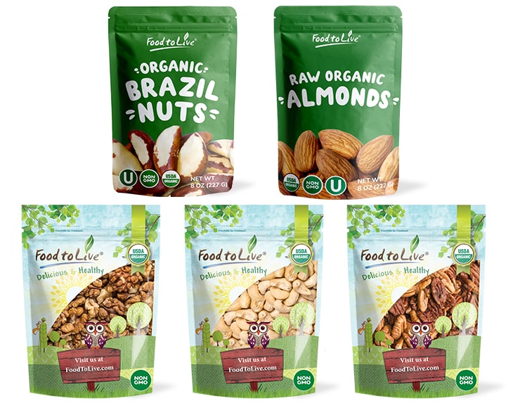 Organic Energy Nuts in a Gift Box - A Variety Pack of Pecans, Brazil Nuts, Cashews, Walnuts and Almonds - by Food to Live