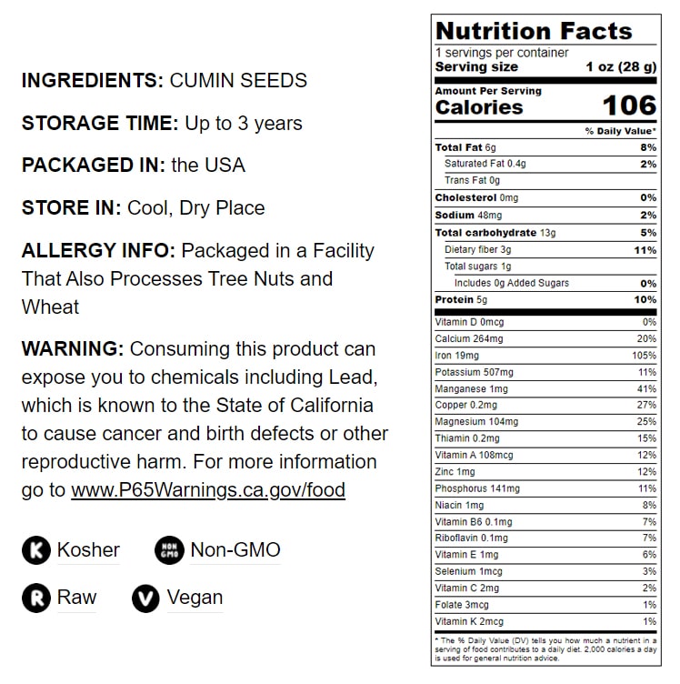 Cumin Seeds Whole — Non-GMO Verified, Kosher, Bulk - by Food to Live